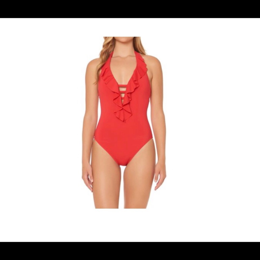 NWT Blue Rod Beattie Plunge Ruffle Swimsuit